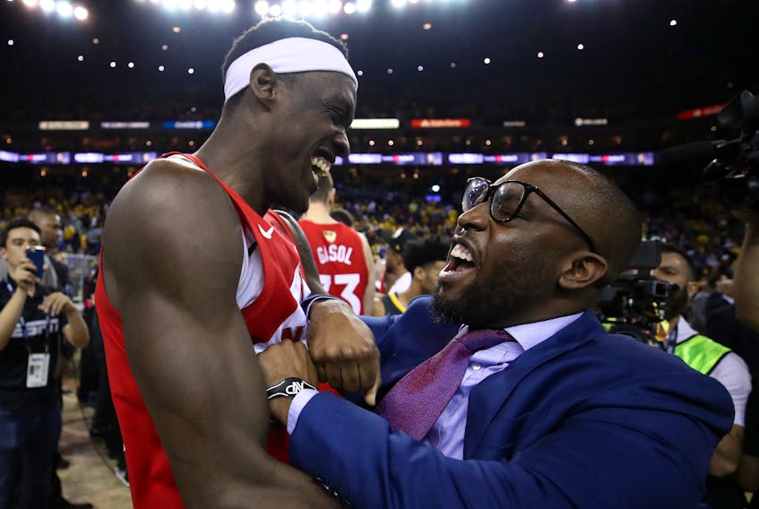 Raptors’ Pascal Siakam (left) celebrates after his team defeated the Golden State Warriors in Game 6 of the NBA Finals to secure the league title on Thursday night. Siakam displayed confidence throughout his rookie campaign. (GETTY IMAGES)