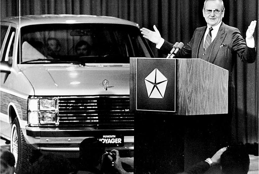 Lee Iacocca unveils the Chrysler minivan, produced at Windsor Assembly Plant, in November 1983.