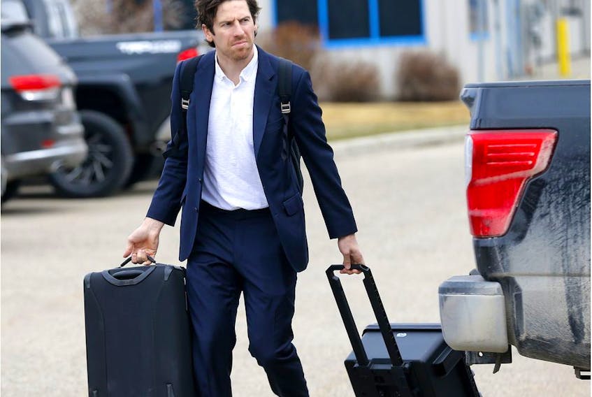 Calgary Flames, James Neal and teammates head to the bus at the Calgary Airport before heading to game 3 against the Colorado Avalanche for the NHL Play-Offs in Calgary on Sunday, April 14, 2019. Darren Makowichuk/Postmedia