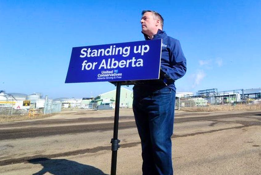  United Conservative Leader Jason Kenney details the “UCP Fight Back Strategy” against foreign anti-oil special interests, in front of the Trans Mountain Edmonton Terminal in Edmonton, Alberta, Canada, March 22, 2019.
