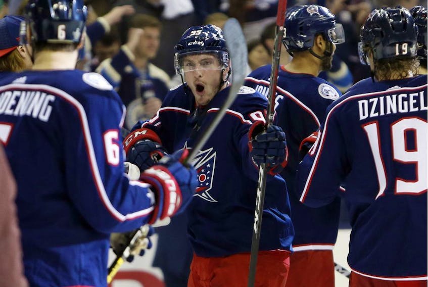 Matt Duchene celebrates after the Columbus Blue Jackets did the seemingly impossible and swept the Tampa Bay Lightning in Round 1.