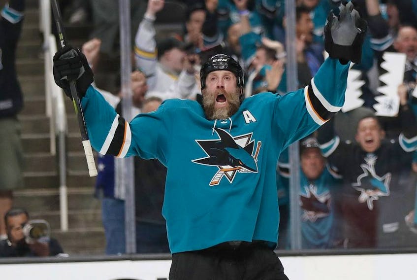 Veteran Sharks forward Joe Thornton may not have been on the NHL’s list of the top 100 players of all time in 2017, but Doug Wilson, his team’s general manager, believes he is. (JOSIE LEPE/AP files)