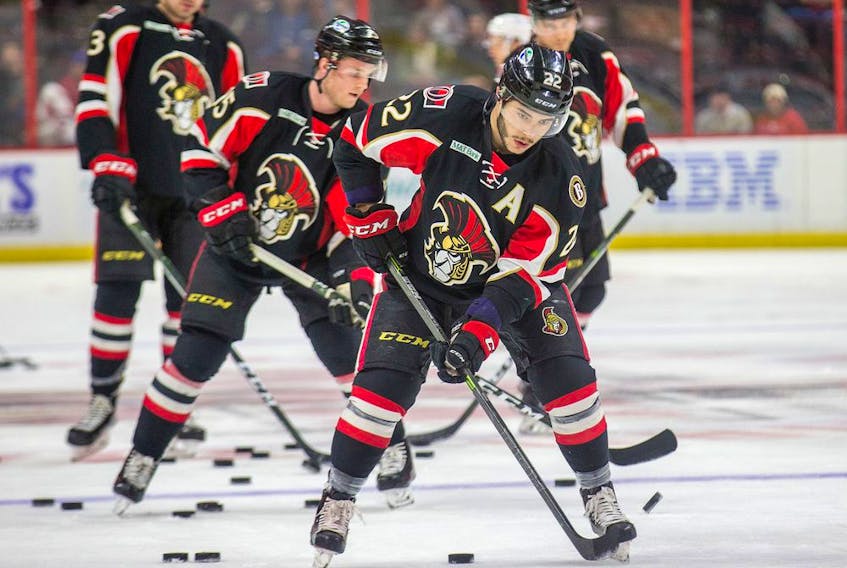  Phil Varone warms up as the Binghamton Senators prepare to face the Toronto Marlies in AHL action at the Canadian Tire Centre in Ottawa on March 7, 2019.