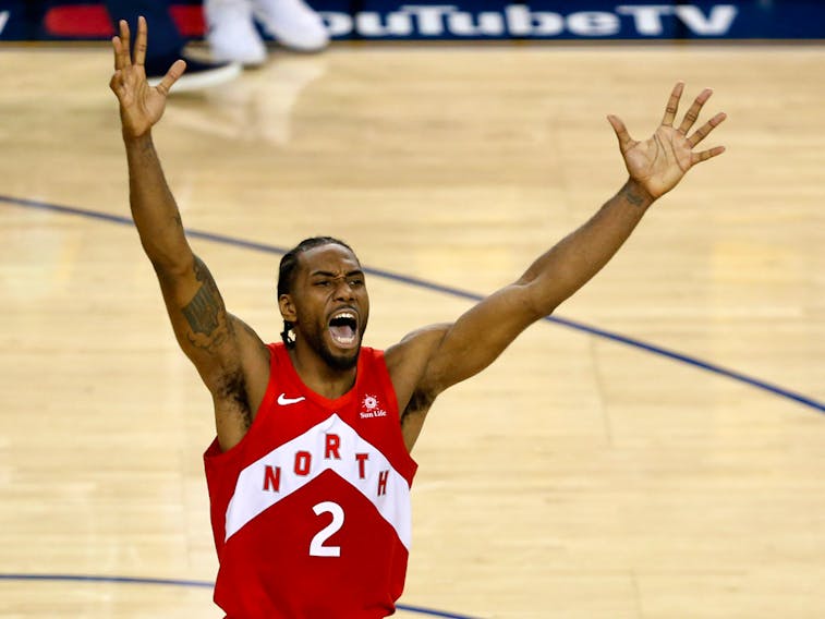 Kawhi Leonard of the Toronto Raptors celebrates his teams win over the Golden State Warriors in Game 6 to win the 2019 NBA Finals.