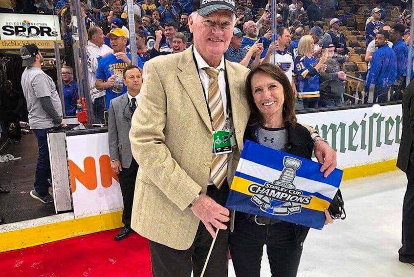  Larry Robinson and his wife, Jeannette, celebrate the St. Louis Blues’ Stanley Cup victory on June 12, 2019.
