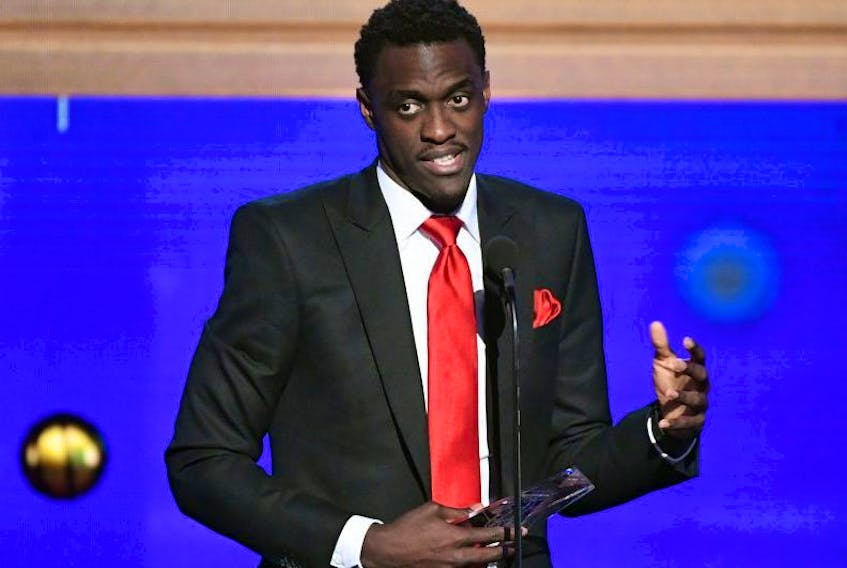 Raptors' Pascal Siakam accepts the Kia NBA Most Improved Player Award onstage during the 2019 NBA Awards presented by Kia at Barker Hangar on June 24, 2019 in Santa Monica, California. (Photo by Kevin Winter/Getty Images for Turner Sports)