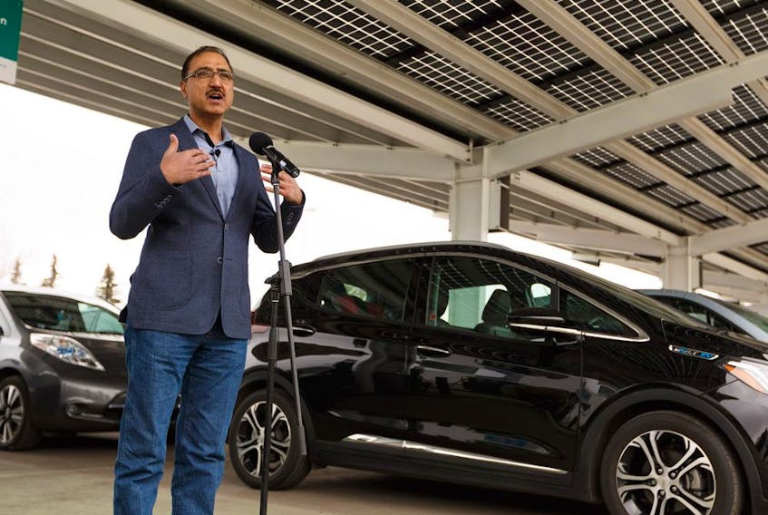 Canada's Minister of Natural Resources Amarjeet Sohi speaks about Budget 2019 funding for zero-emissions vehicles during an announcement at a FLO charging station at Londonderry Mall in Edmonton, on Wednesday, April 24, 2019. 