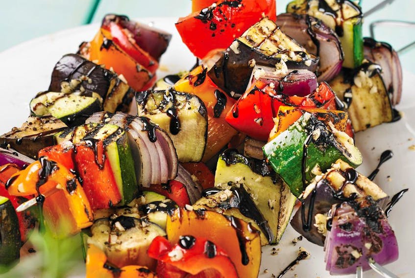 Skewers can be loaded with vegetables well in advance of grilling.