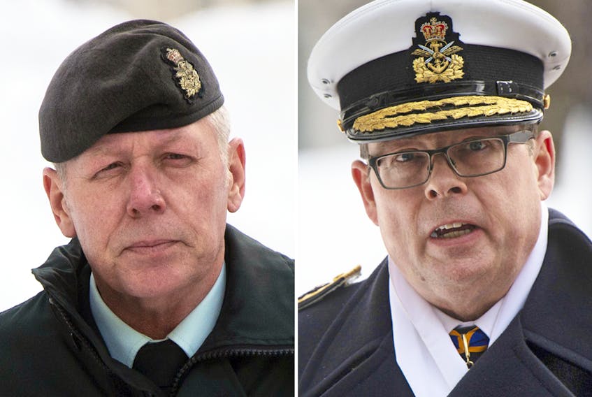 Chief of Defence Staff Jonathan Vance and Vice-Admiral Mark Norman on their way to court, separately, on Jan. 30, 2019.