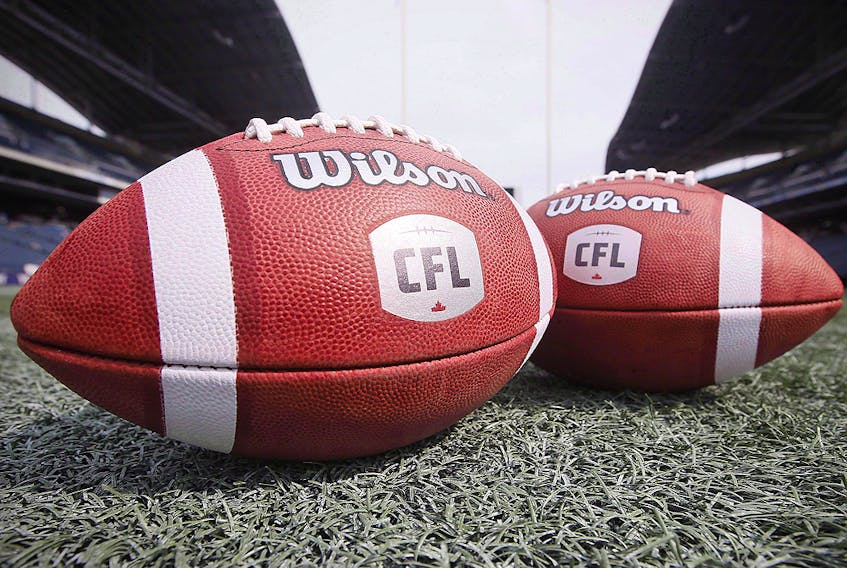New CFL balls are shown at the Winnipeg Blue Bombers stadium in Winnipeg Thursday, May 24, 2018.