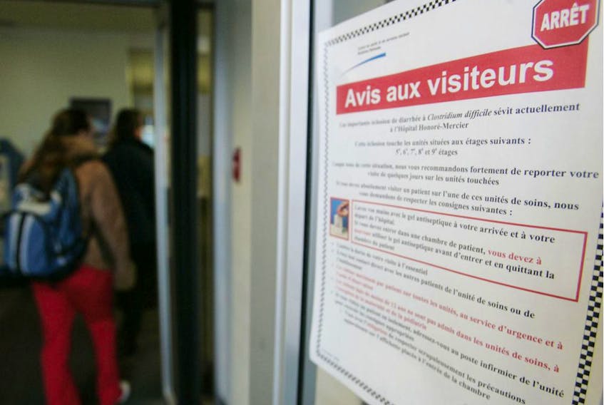 Sign in a Quebec hospital in 2006 warns of infection: "C. Diff infections plague hospitals since these bacteria are resistant to many antibiotics and frolic when competing bacteria are killed off," Joe Schwarcz writes.