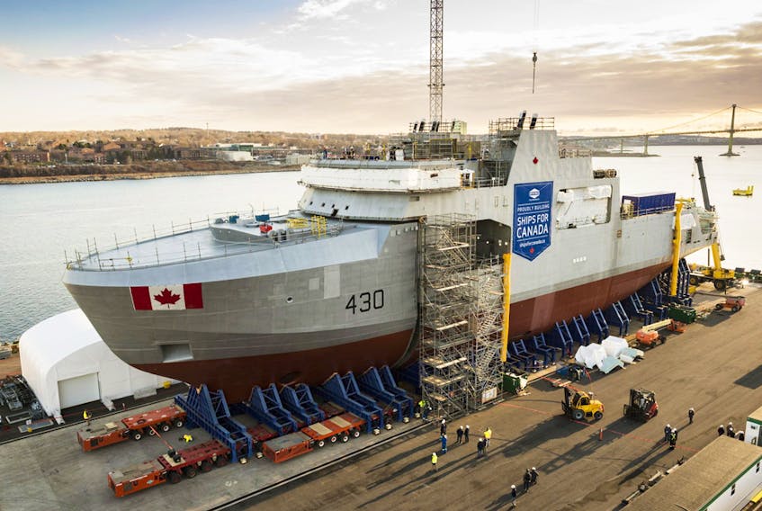 The Royal Canadian Navy's first Arctic and Offshore Patrol Ship, the future HMCS Harry DeWolf, is assembled at Irving Shipbuilding's Halifax Shipyard in December 2017.