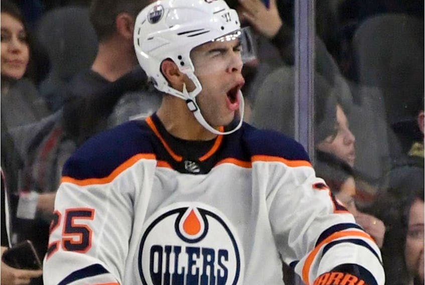 Darnell Nurse of the Edmonton Oilers reacts after scoring an overtime goal against the Vegas Golden Knights to win their game 3-2 at T-Mobile Arena on Jan. 13, 2018, in Las Vegas.