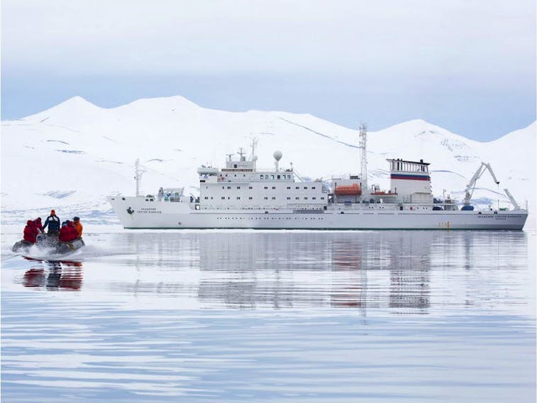 The Akademik Sergey Vavilov, one of two Russian ice-strengthened ships leased by B.C.-based One Ocean Expeditions.