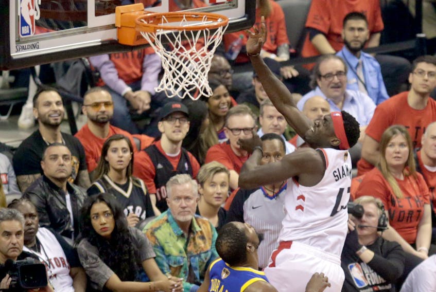 Raptors’ Pascal Siakam puts up a shot over Warriors’ Kevin Durant during Game 5 of the  NBA Finals at Scotiabank Arena last night.  Ernest Doroszuk/Toronto Sun