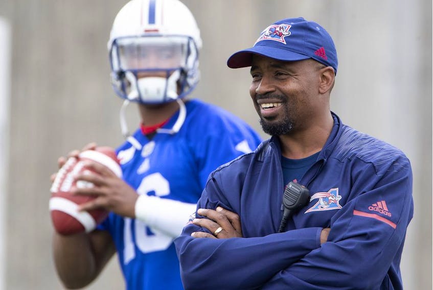  Montreal Alouettes head coach Khari Jones watches drills during a team practice in Montreal on May 28, 2018.