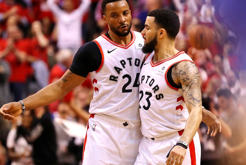 Norman Powell (left) and Fred VanVleet came off the Raptors bench to make significant, and much-needed, contributions in Tuesday’s Game 4 win over the Bucks.  Getty Images