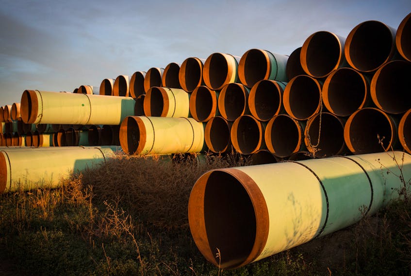  Miles of unused pipe, prepared for the proposed Keystone XL pipeline, sit in a lot outside Gascoyne, North Dakota.