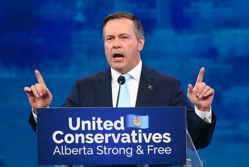 Jason Kenney, leader of the United Conservative Party, delivers his victory speech at a party event in Calgary on April 16, 2019.