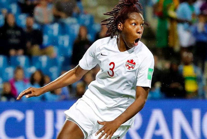 Canada's Kadeisha Buchanan celebrates scoring their first goal against Cameroon at the Stade de la Mosson in Montpellier, France on June 10, 2019.      