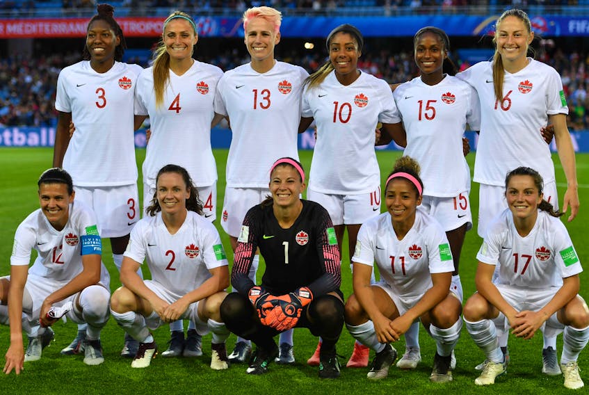  Canadian players pose ahead of the France 2019 Women’s World Cup Group E football match between Canada and Cameroon, on June 10, 2019, at the Mosson Stadium in Montpellier, southern France. Pascal Guyot / Getty Images