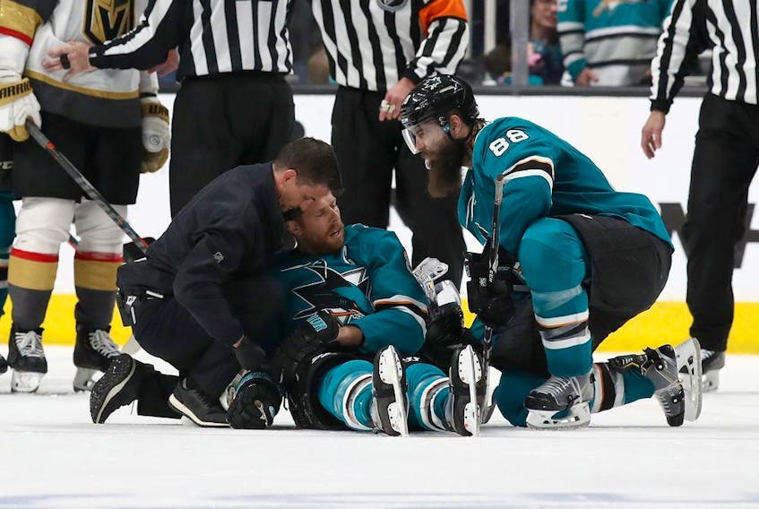  San Jose Sharks captain Joe Pavelski is examined after a hard hit in the third period of Game 7 of the Western Conference First Round against the Vegas Golden Knights on April in San Jose.