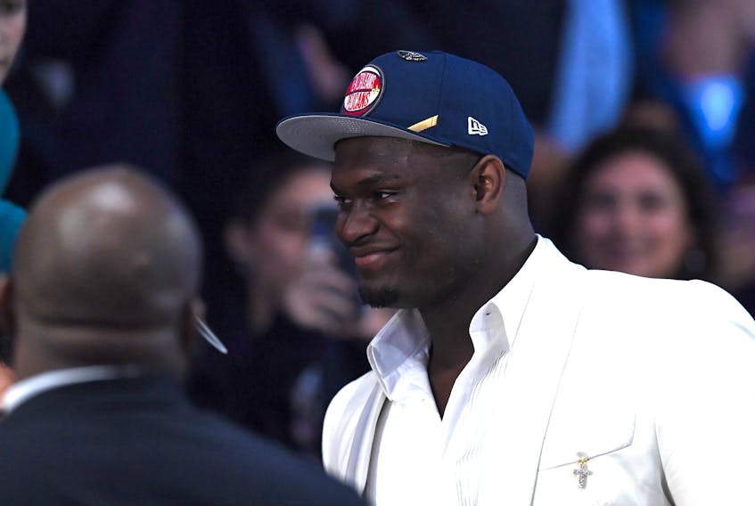 Zion Williamson reacts after being drafted with the first overall pick by the New Orleans Pelicans during the 2019 NBA Draft on Thursday night. (GETTY IMAGES)