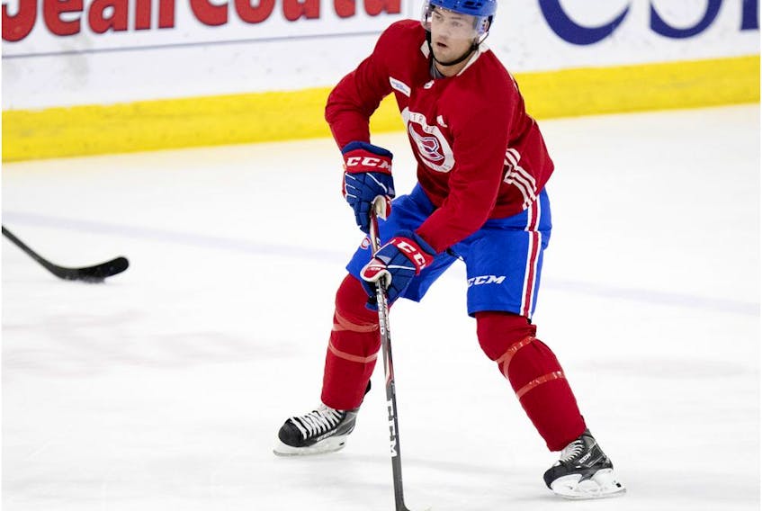 Ryan Poehling handles the puck during Canadiens development camp at the Bell Sports Complex in Brossard on June 26, 2019. 

