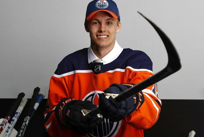 Philip Broberg poses for a portrait after being selected eighth overall by the Edmonton Oilers during the first round of the 2019 NHL Draft at Rogers Arena on June 21, 2019 in Vancouver, Canada.