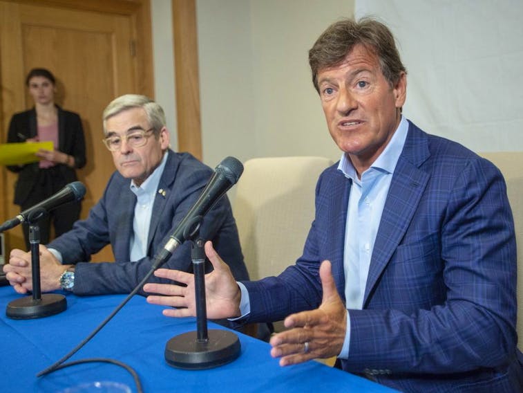 Stephen Bronfman, right, and Pierre Boivin, along with Baseball Montreal are working on a deal to have the Tampa Bay Rays play half their home games in Florida and the other half in Montreal.