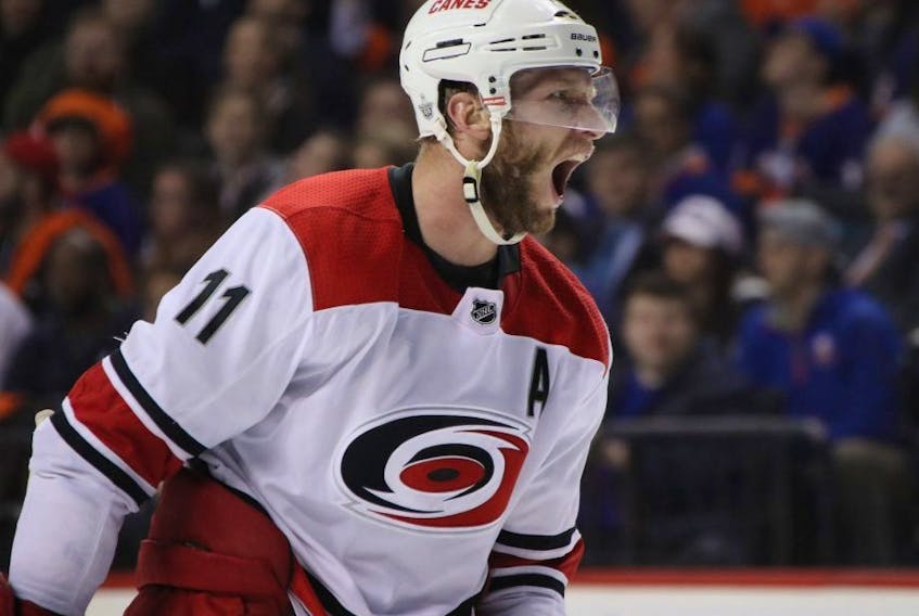 Hurricanes forward Jordan Staal argues his penalty for a faceoff violation against the Islanders in Game 1 of the NHL's Eastern Conference second round playoff series at the Barclays Center in the Brooklyn borough of New York City on April 26, 2019.