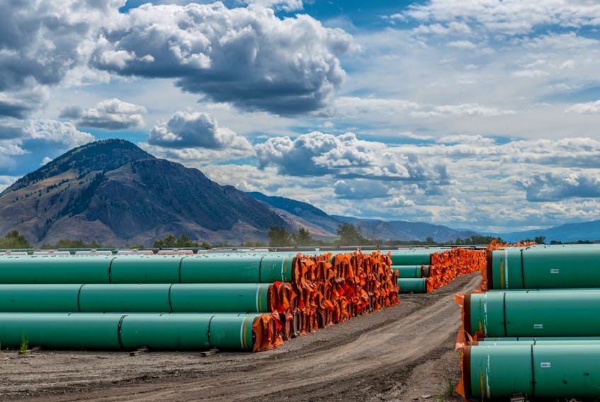  Steel pipe to be used in the oil pipeline construction of the Canadian government’s Trans Mountain expansion project lies at a stockpile site in Kamloops on June 18, 2019.