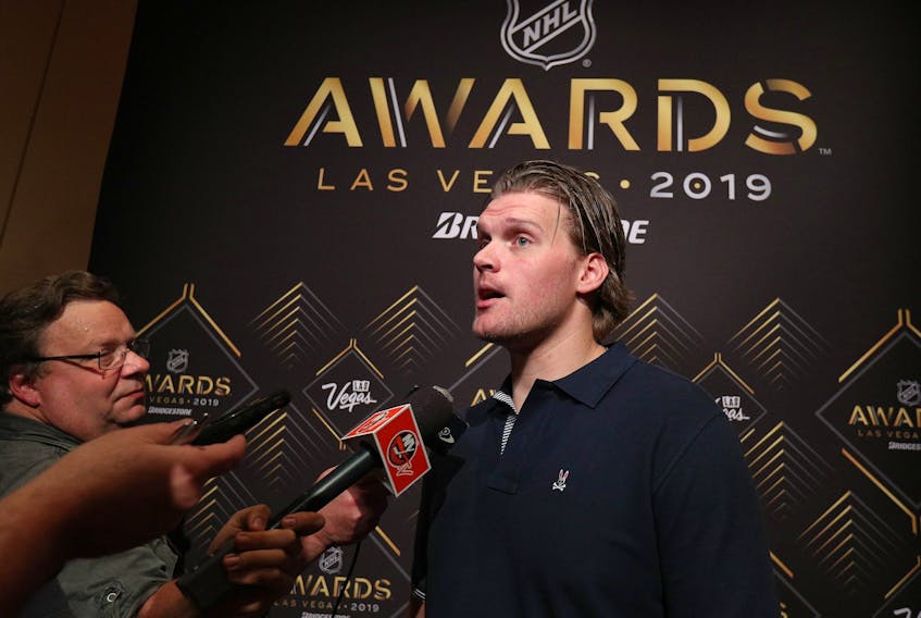 Robin Lehner of the New York Islanders attends the nominee media availability on June 18, 2019 in Las Vegas. (Bruce Bennett/Getty Images)