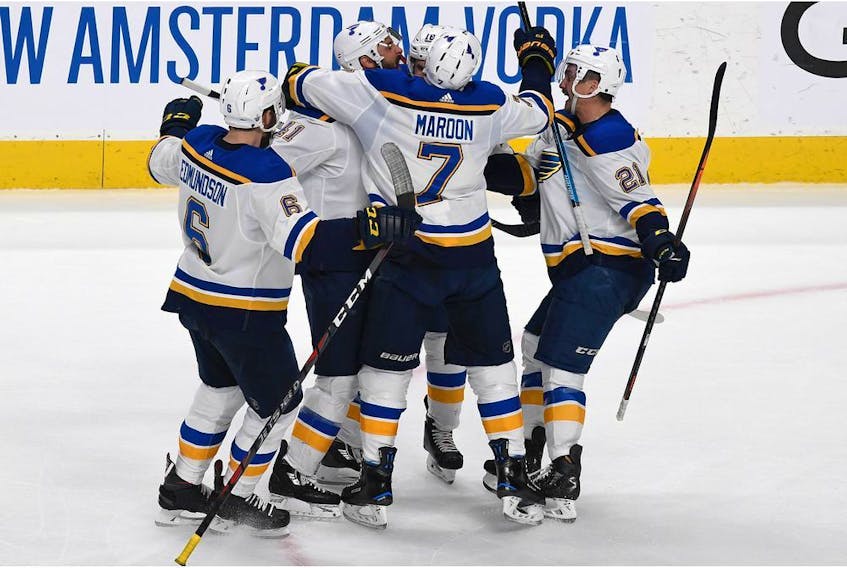 Robert Bortuzzo #41 of the St. Louis Blues celebrates his goal against the San Jose Sharks in Game 2 of the Western Conference Final during the 2019 NHL Stanley Cup Playoffs at SAP Center on Monday night in San Jose.