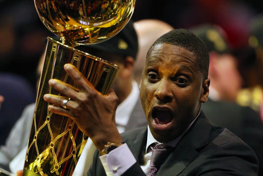 Toronto Raptors president Masai Ujiri celebrates with the Larry O’Brien Championship Trophy after defeating the Golden State Warriors for the NBA Championship in game six of the 2019 NBA Finals at Oracle Arena.