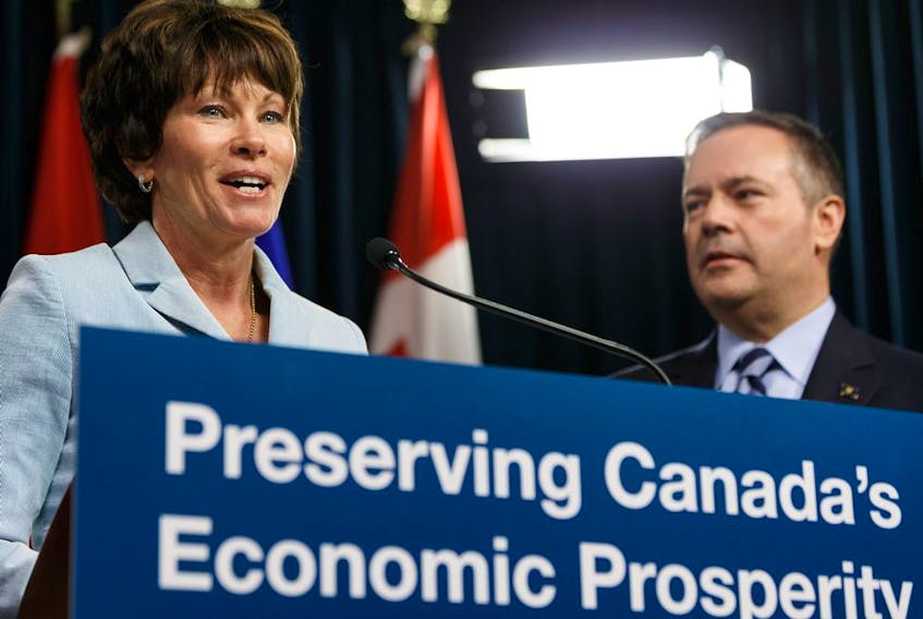 Energy Minister Sonya Savage speaks about Bill 12, the turn-off-the-taps legislation, during a press conference with Premier Jason Kenney in the media room in the Alberta Legislature in Edmonton, on Wednesday, May 1, 2019.
