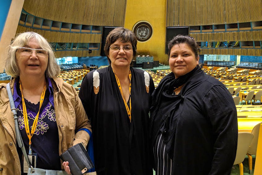 (Left to right) Chief Shirley Ducharme of O Pipon-Na-piwin Cree Nation (South Indian Lake); Betty Lou Halcrow, Chief of the Traditional Women's Council of Pimicikamak Okimawin (Cross Lake); Dr. Ramona Neckoway of Nisichawayasihk Cree Nation (Nelson House) and Chair of Aboriginal and Northern Studies at University College of the North. On Monday, April 29, 2019, representatives from three northern First Nations told the United Nations Permanent Forum on Indigenous Issues in New York about the long-standing and ongoing damage caused by hydropower megaprojects in Manitoba. The Cree representatives who visited the UN are members of Wa Ni Ska Tan: An Alliance of Hydro-Impacted Communities, a cross-regional research alliance focused on the implications of hydropower for environments and Indigenous communities in Canada and beyond. Based at the University of Manitoba in Winnipeg, the alliance is comprised of representatives from 24 Cree (Ininew/Inniniwak), Anishinaabe, and Métis nations, 22 researchers, and 14 social justice and environmental NGOs. It also incorporates nine universities from Canada and the United States.