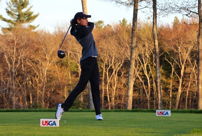 Céleste Dao tees off at U.S. Women's Open qualifier at TPC Boston earlier this week.
