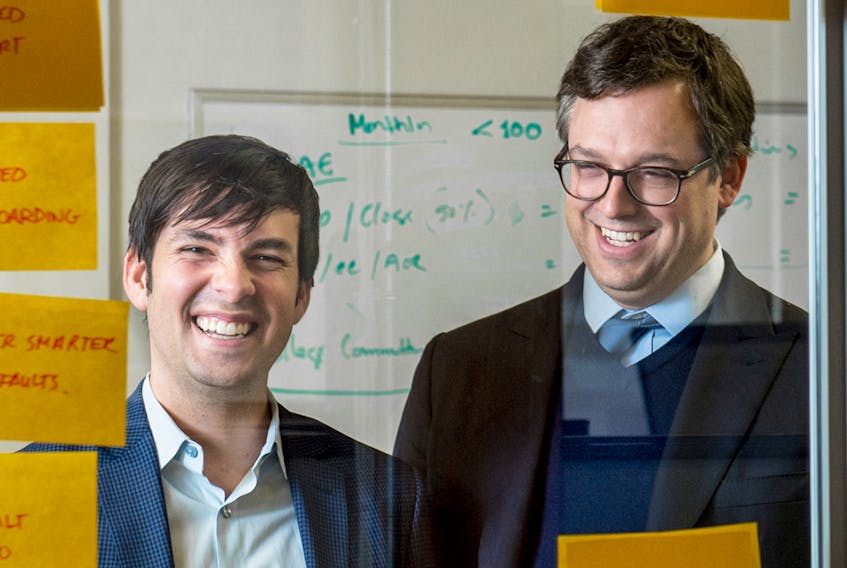 Francois Lafortune , left, and Paul Desmarais III at Diagram Ventures' Toronto offices in 2017.
