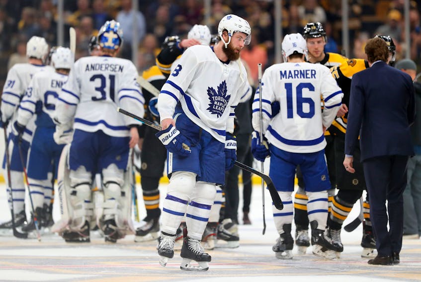 Defenceman Jake Muzzin reacts after the Maple Leafs lost 5-1 to the Boston Bruins on Tuesday night. (Maddie Meyer/Getty Images)