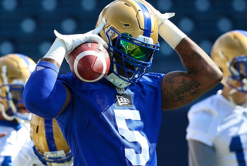 Willie Jefferson, with Relentless tattooed on his left bicep, is seen during Winnipeg Blue Bombers training camp at IG Field on Sun., May 19, 2019. 