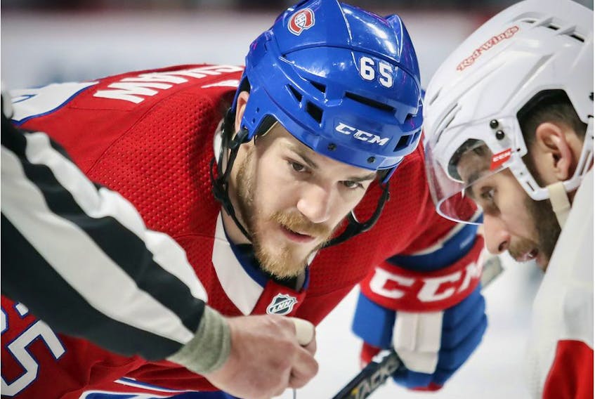 Canadiens forward Andrew Shaw gets ready for a faceoff during NHL game against the Detroit Red Wings at the Bell Centre in Montreal on March 12, 2019.