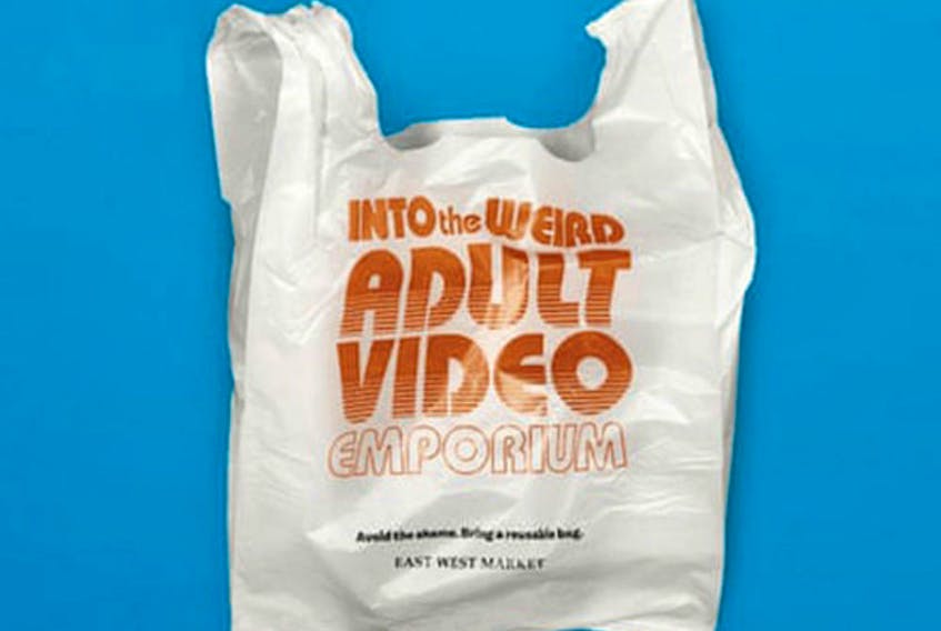An example of one of the slogans used on East West Market's plastic bags.