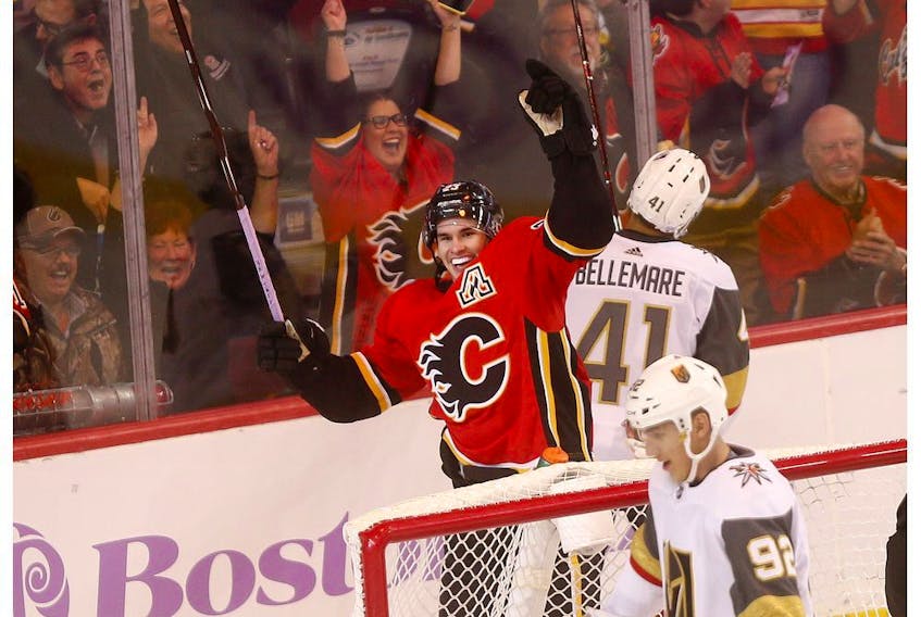 Calgary Flames Sean Monahan celebrates his second goal against Vegas Golden Knights Malcolm Subban in first period action at the Scotiabank Saddledome in Calgary on Monday November 19, 2018. Darren Makowichuk/Postmedia