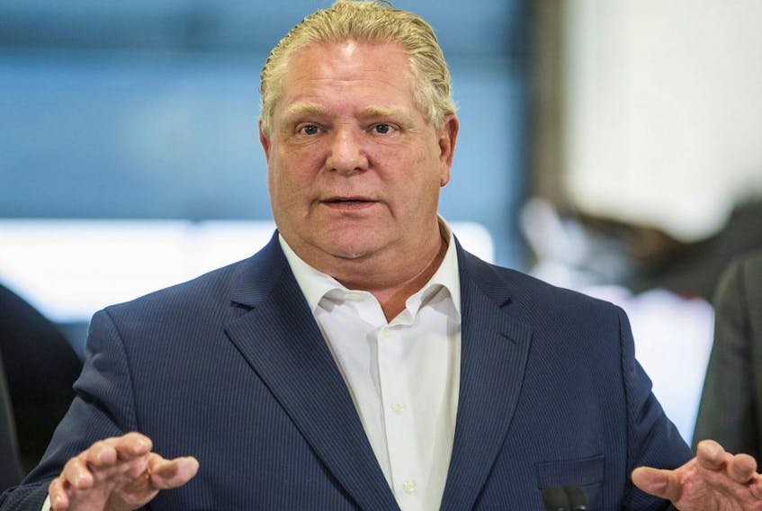 Ontario Premier Doug Ford addresses media at  the Thorncrest Ford dealership, near The Queensway and Highway 427, in Toronto, Ont. on Monday April 1, 2019. 