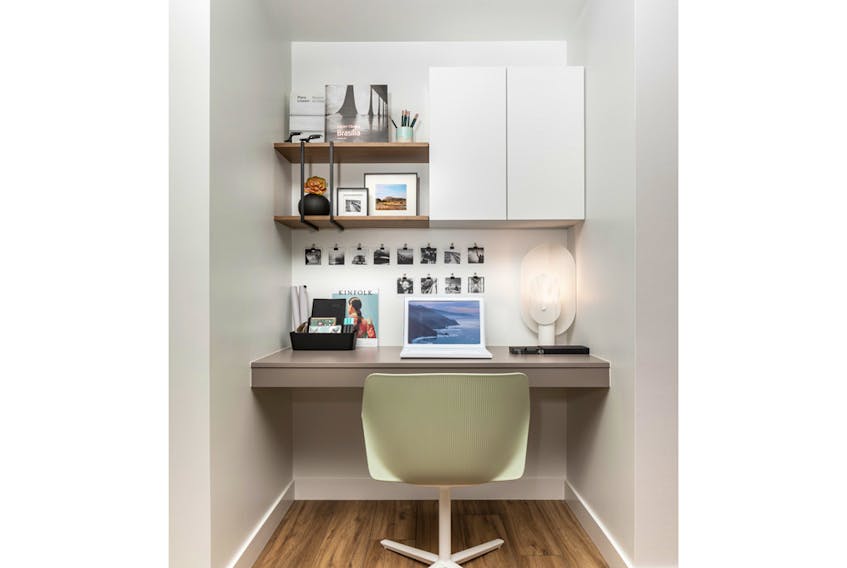 Incorporating a custom-built desk and shelving unit is a creative way to turn a nook into a functional space —like this study area in the show suite at Bosa's University District in Surrey.