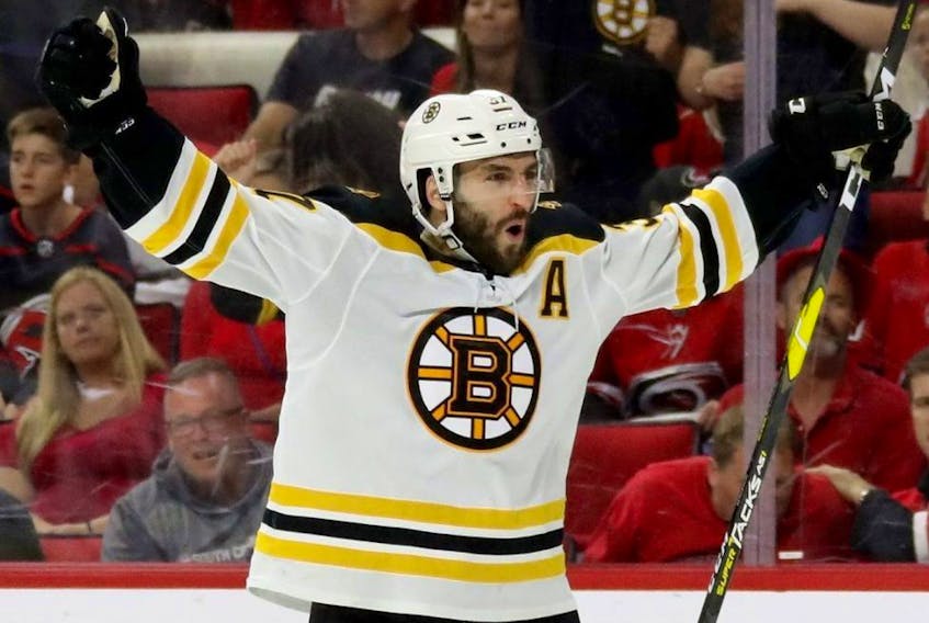  Boston Bruins centre Patrice Bergeron celebrates after scoring a goal against the Carolina Hurricanes in Game 4 of the NHL’s Eastern Conference Final on May 16, 2019.