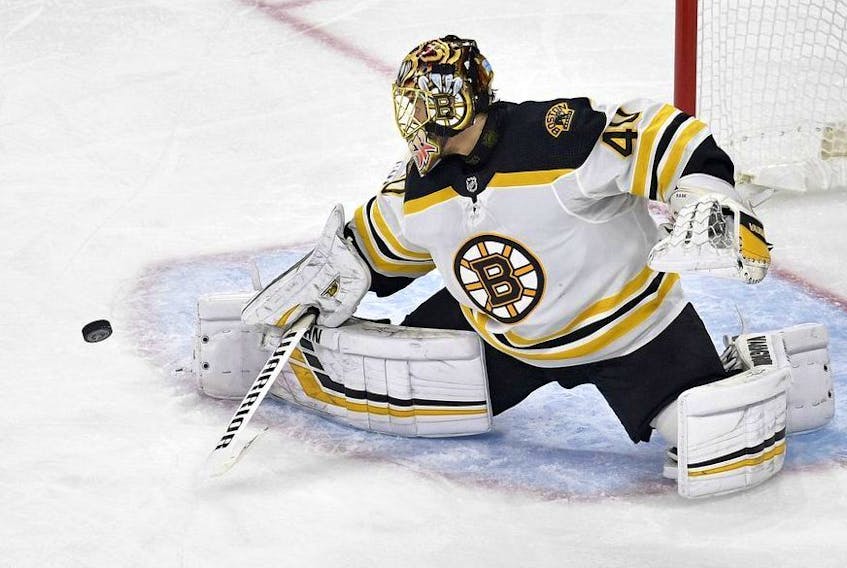 Tuukka Rask #40 of the Boston Bruins makes a save against the Carolina Hurricanes during the third period in Game Three of the Eastern Conference Finals during the 2019 NHL Stanley Cup Playoffs at PNC Arena on May 14, 2019 in Raleigh, North Carolina.