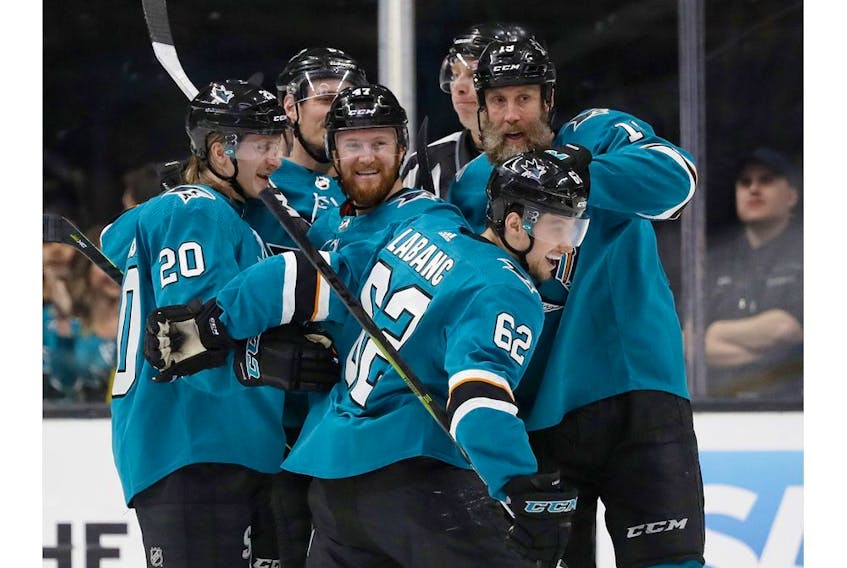 San Jose Sharks centre Joe Pavelski celebrates after scoring a goal against the Colorado Avalanche during the first period of Game 7 of an NHL hockey second-round playoff series in San Jose on Wednesday night.
