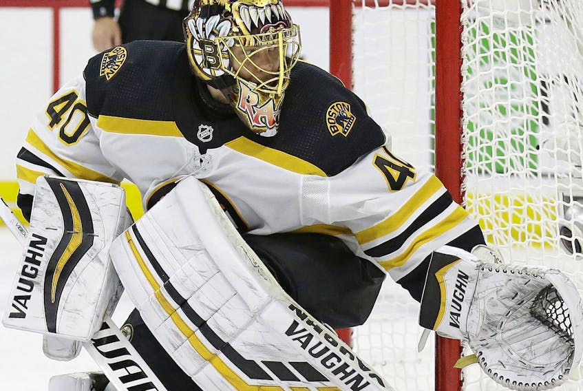 Boston Bruins goalie Tuukka Rask defends the goal against the Carolina Hurricanes during the second period in Game 4 of the NHL hockey Stanley Cup Eastern Conference finals in Raleigh, N.C., Thursday, May 16, 2019. (AP Photo/Gerry Broome) 